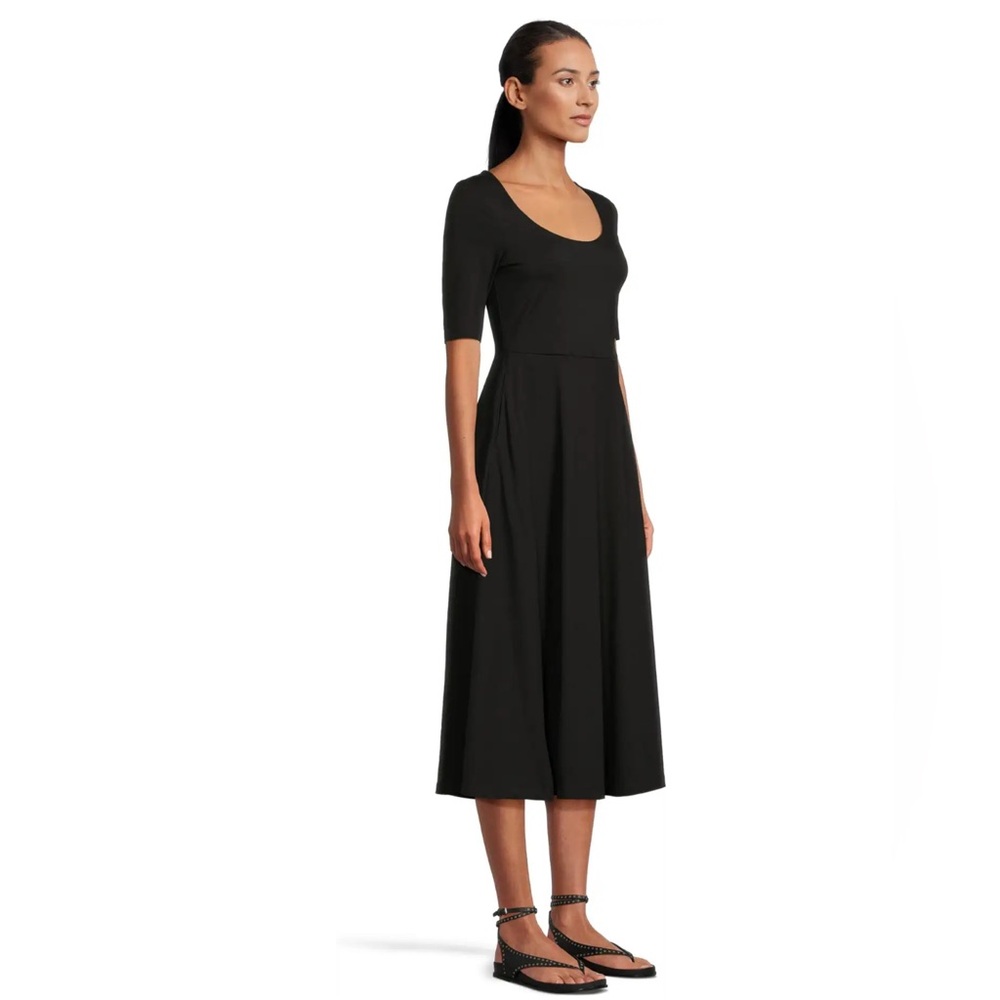 NEW Pact Organic Cotton Scoop Neck Stretch Fit and Flare Midi Dress Black Size L - Picture 2 of 11